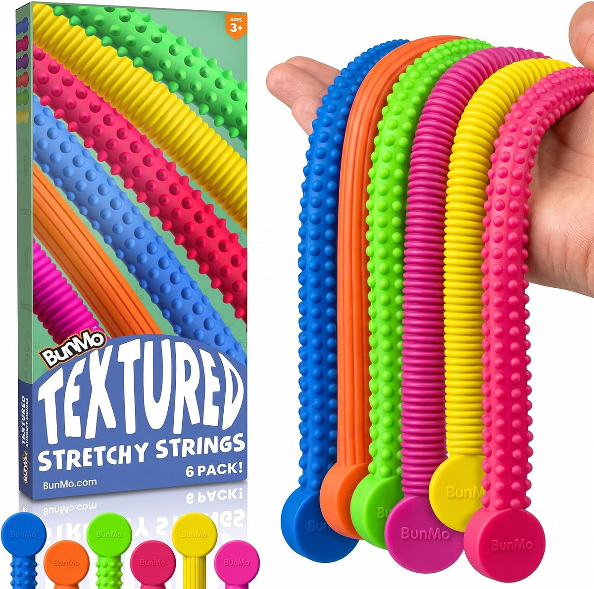 BUNMO Stretchy Strings, Stimulating & Fun Fidget Toys for Kids - Textured - 6 Pack