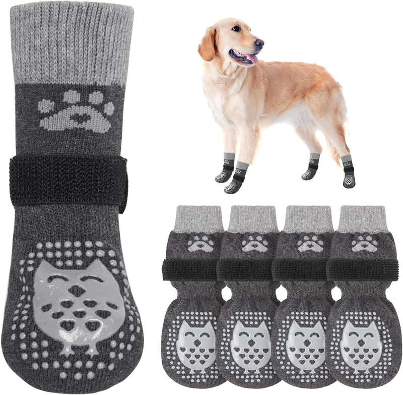 Anti Slip Dog Socks to Prevent Licking Paws for Hardwood Floors – Essentials for Dogs - Owl-Dark Grey / Large (4 Count)