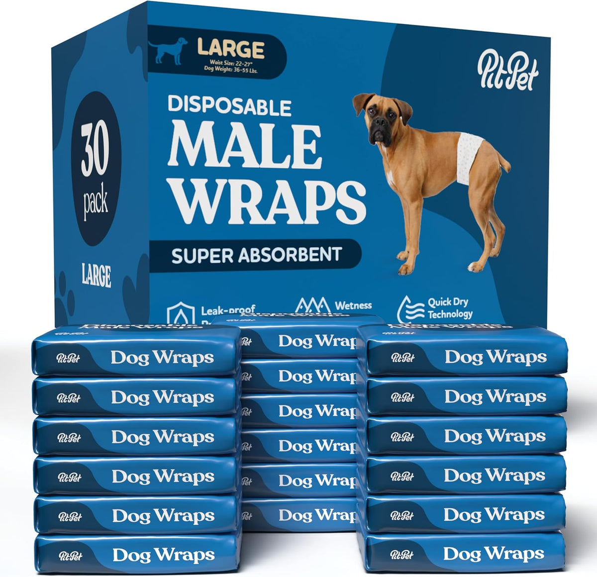 Comfortable Male Dog Diapers, FlashDry Gel Technology - 30 Pack / Large