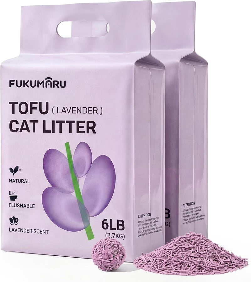 FUKUMARU Tofu Cat Litter, Green Tea Scented, Clumping - Lavender / 12lbs, 6lb x 2 Bags