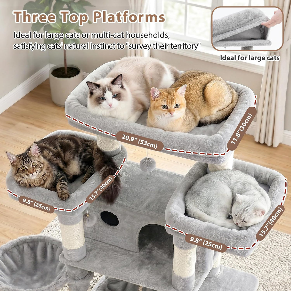 Cat Tree, 74" Tower for Large Cats, Big Condo & Hammock GCT030G – Essentials for Cats - 74 inch / Light gray - image 3
