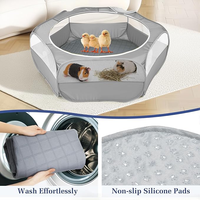 2-in-1 Small Animals Playpen with Pad, Waterproof Small Pet Cage Tent with Reusable Pad, Portable Outdoor Yard Fence with 3 Metal Rod for Chick/Kitten/Puppy/Guinea Pig/Rabbits/Chinchillas, Gray