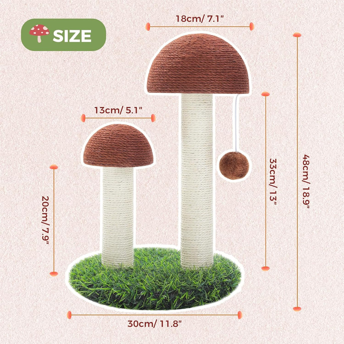 PETEPELA Mushroom Cat Scratching Post for Kittens & Small Cats - Mushroom Brown / 18.9" - image 2