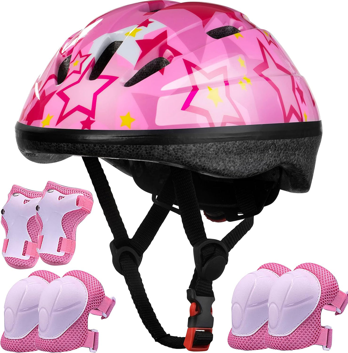 Lamsion Adjustable Kids Bike Helmet with Knee Elbow Wrist Pads - Pink