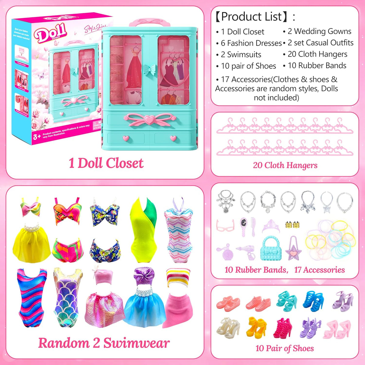 Style Shine 100 Pcs Doll Clothes & Accessories Toy for 11.5 Inch Doll – Fun for Kids & Family - M-Closet - image 3