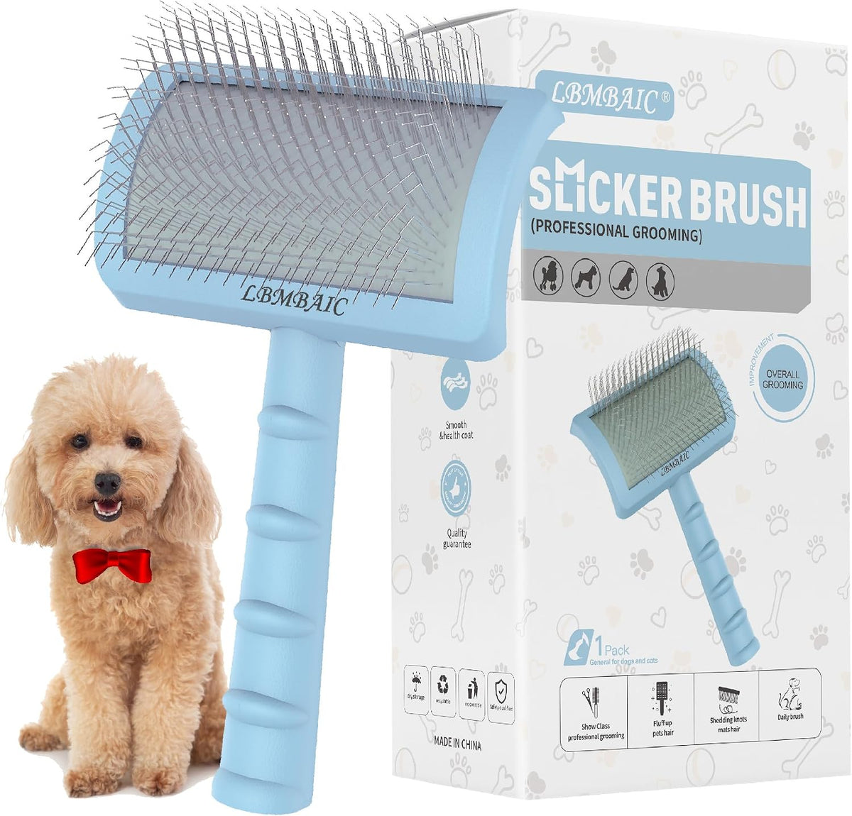 Slicker brush for poodles and doodles with curved handle and 25mm stainless steel pins