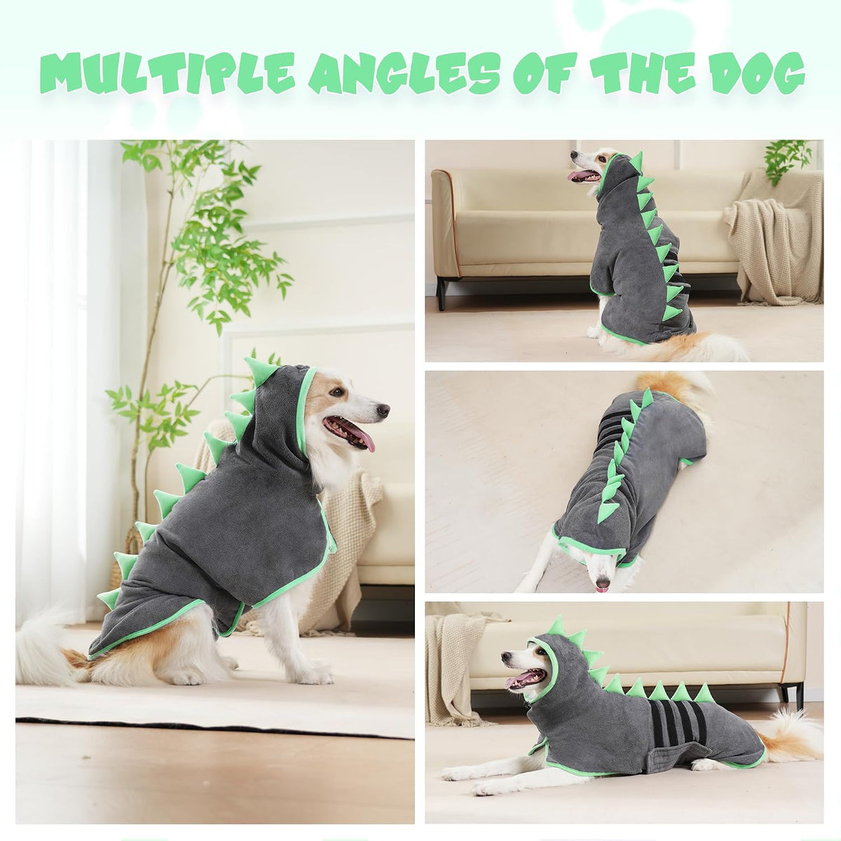 Super Absorbent Dog Bathrobe - Grey, Green edging / Medium - image 4