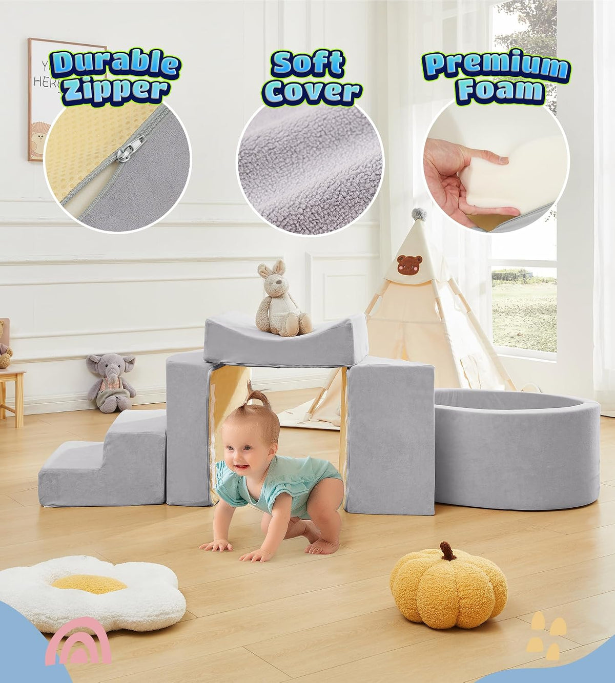 Elftopia foam climbing blocks with ball pit, stair climber and triangle wedge in beige - view 14