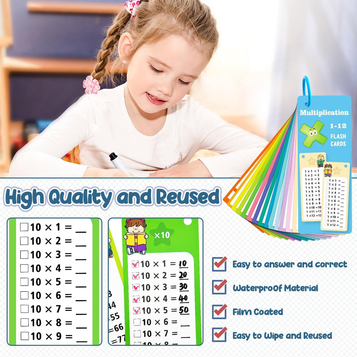 Anemeeoke 1-12 multiplication flash cards with dry erase markers and binder ring - view 9