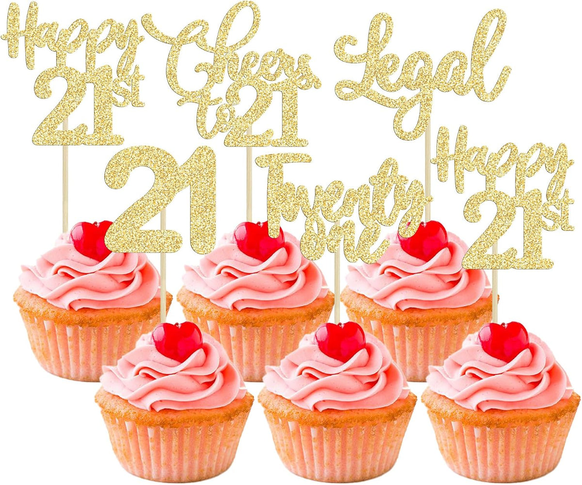 30 Pack Happy 80th Birthday Cupcake Toppers Gold Glitter Eighty - 21st / Gold