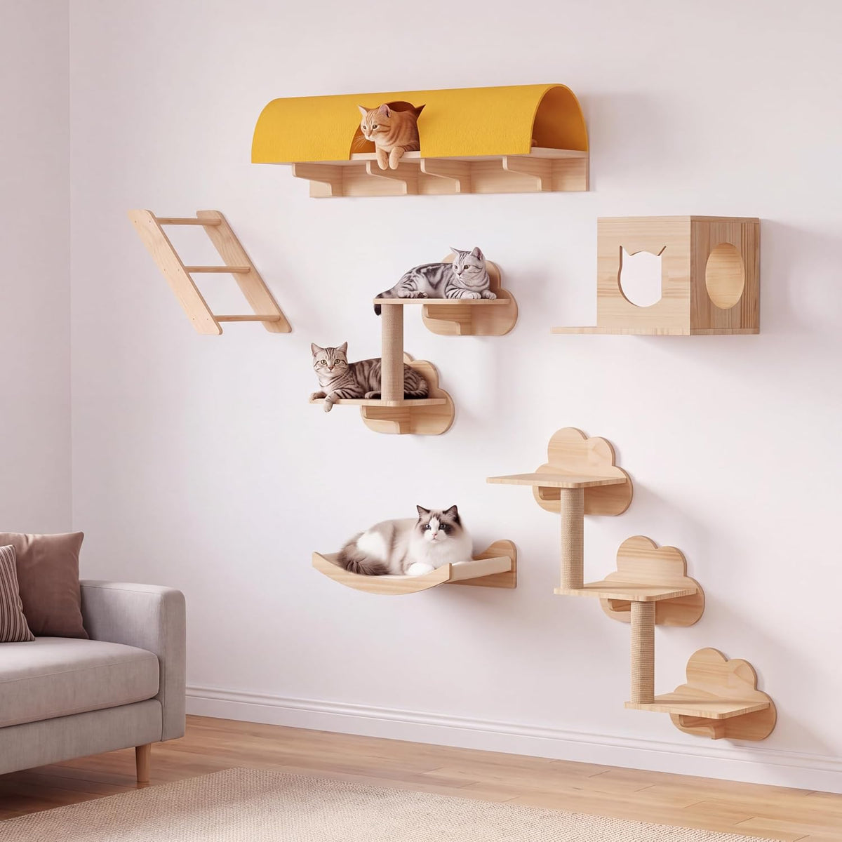 Cat Wall Shelves, 9-in-1 Wood Cat Wall Furniture Set, Burlywood – Essentials for Cats - Burlywood / 12-in-1 - image 3