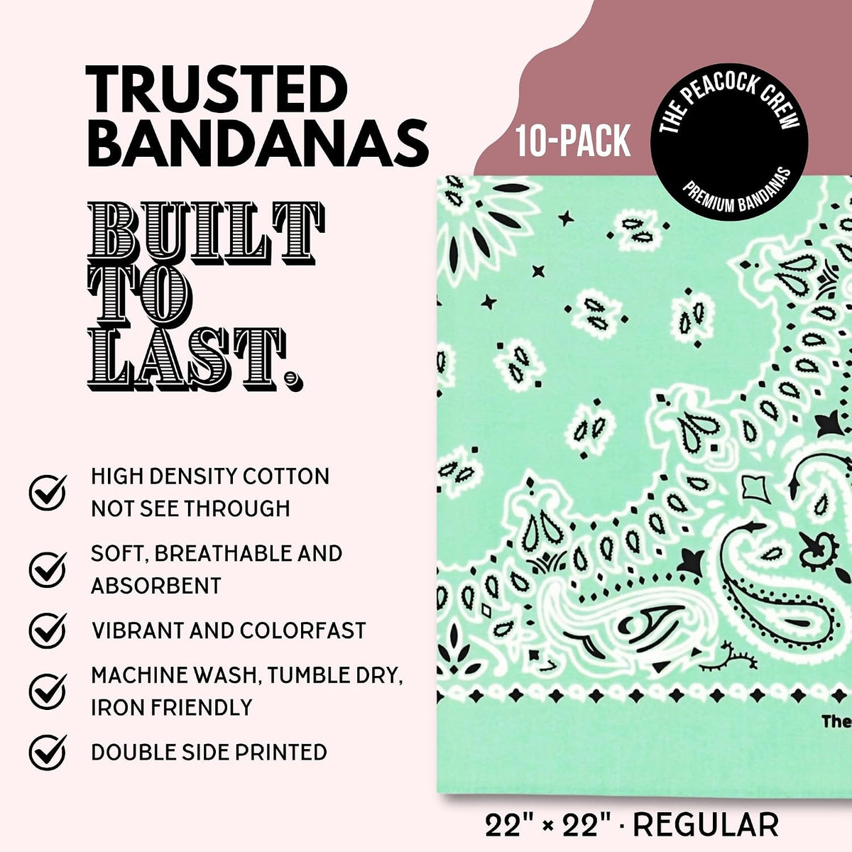 Premium Soft Cotton Bandanas Pack for Men and Women Paisley 22 x 22 - Pack of 10 Turquoise - image 2