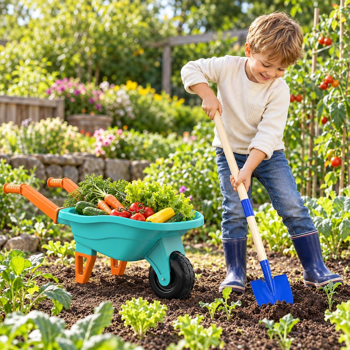 Qtioucp Kids Gardening Set with Wheelbarrow - Green - image 2