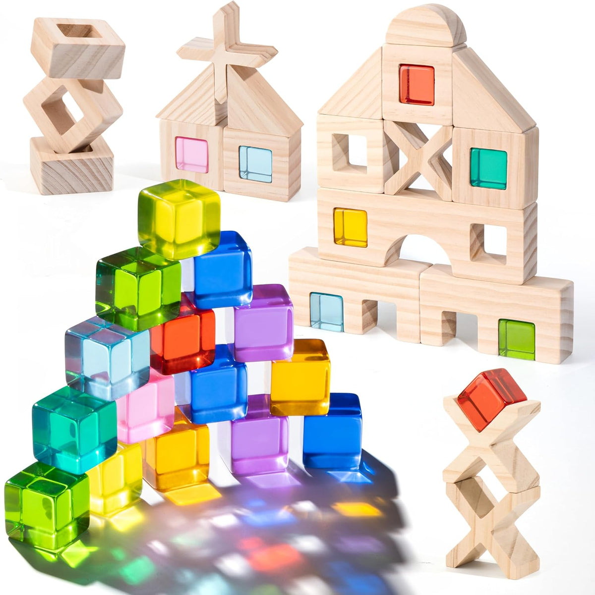 Woodtoe 24 PCS Rainbow Blocks Set - 47 PCS Rainbow Blocks Set
