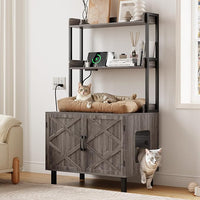 55 Inches Cat Litter Box Enclosure, Hidden Litter Box Furniture with 2 Storage Shelves and Charging Sockets, Wooden Cat House, Large Indoor Cabinet for Living Room & Entryway, Grey