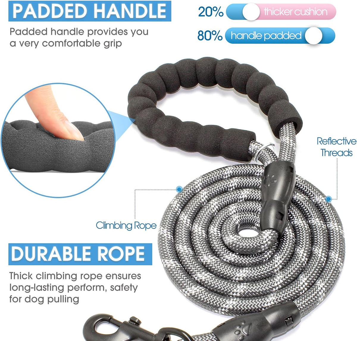 2/4/5/6 FT Dog Leash with Comfortable Padded Handle and Highly - 1/2'' x 6 FT / Grey - image 2