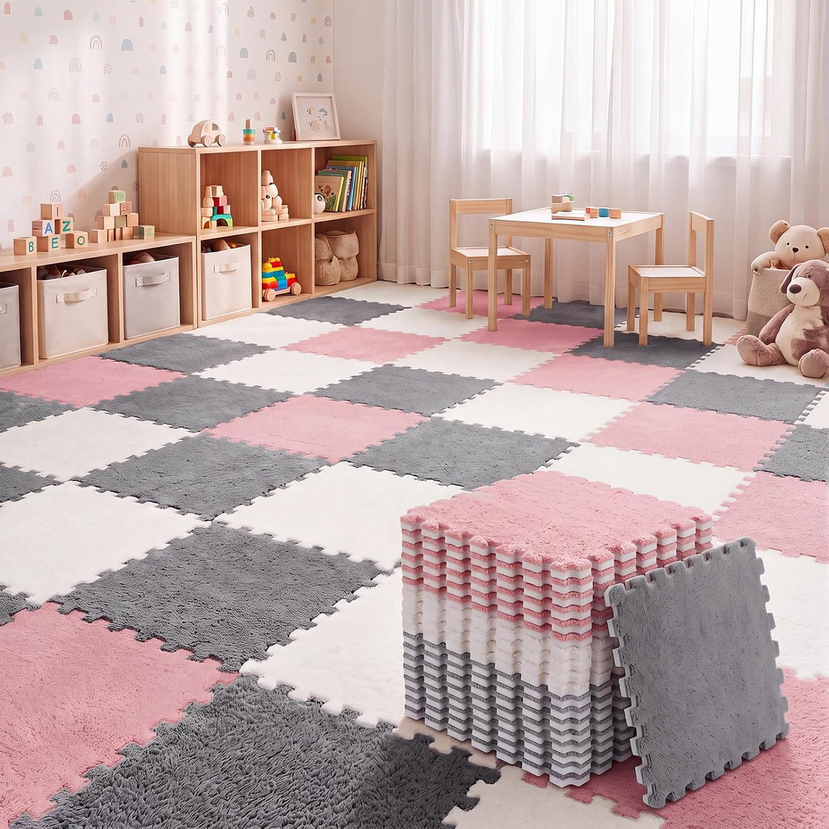 Amylove 18 Pcs Plush Foam Interlocking Carpet Tiles, Beige, Pink - White, Pink, Gray