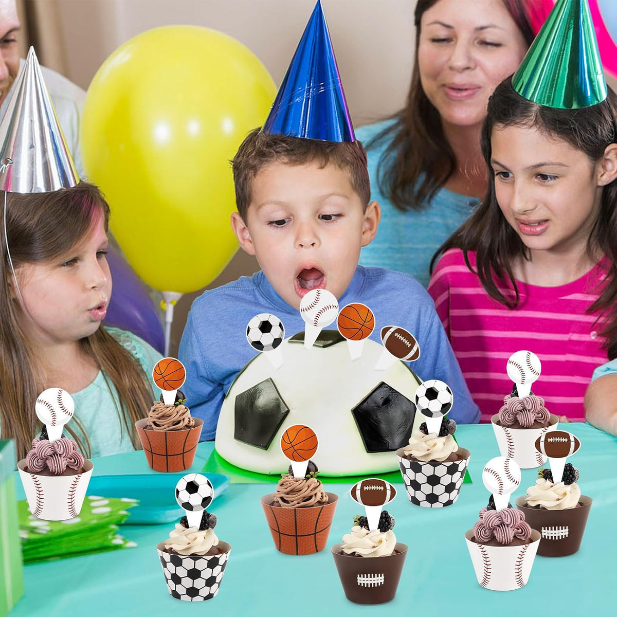 Hxezoc football cupcake toppers and wrappers set with brown and green football designs - view 34