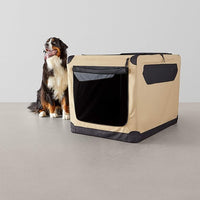 Amazon Basics Dog Crate, Travel Dog Kennel Double Door Collapsible, Lightweight Soft-Sided Folding, Portable Dog Cage, XL 42" x 31" x 31", Tan