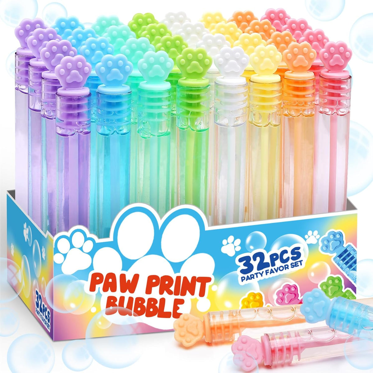 MAPIXO paw print mini bubble wands, 32 bottles in 8 colors in a display box