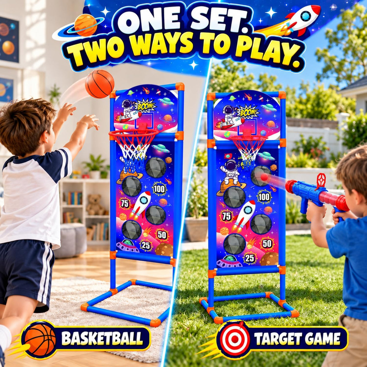 EagleStone space shooting target game with 2 air guns, foam balls and basketball hoop - view 3