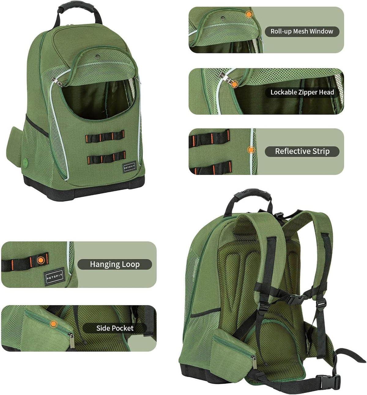 Petsfit Pet Dog Carrier Backpack with Upgraded Weight Reduction Design - 14.0"L x 9.5"W x 19.5"H / Green - image 3
