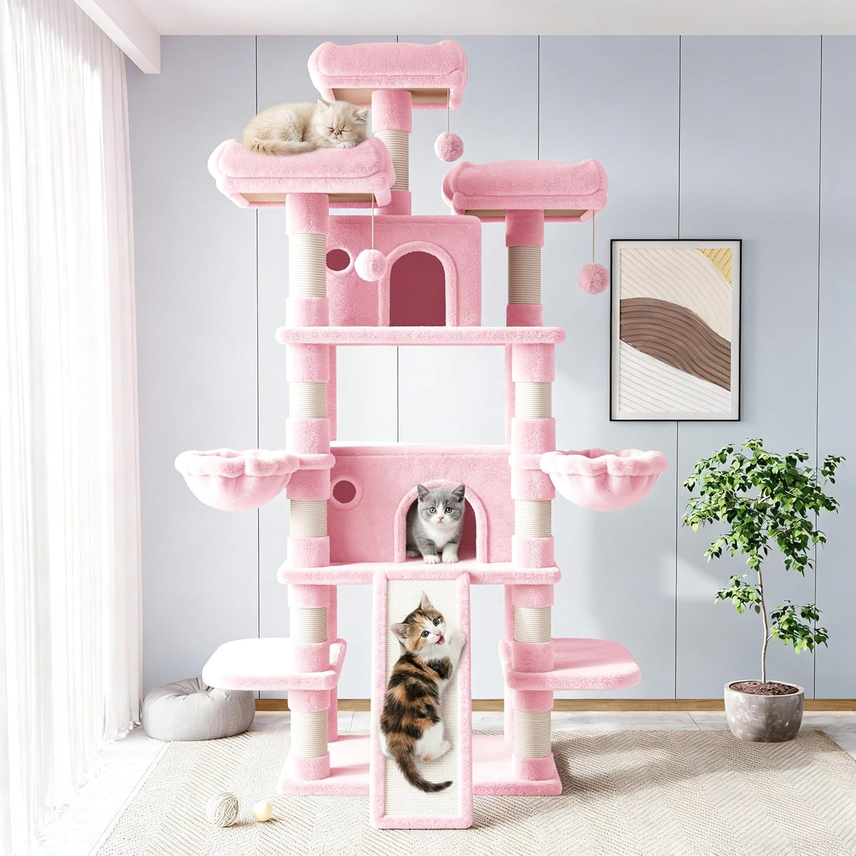 Allewie 68 Inches Cat Tree/House and Towers for Big Feline/Scratching - 82 in / Pink - image 2