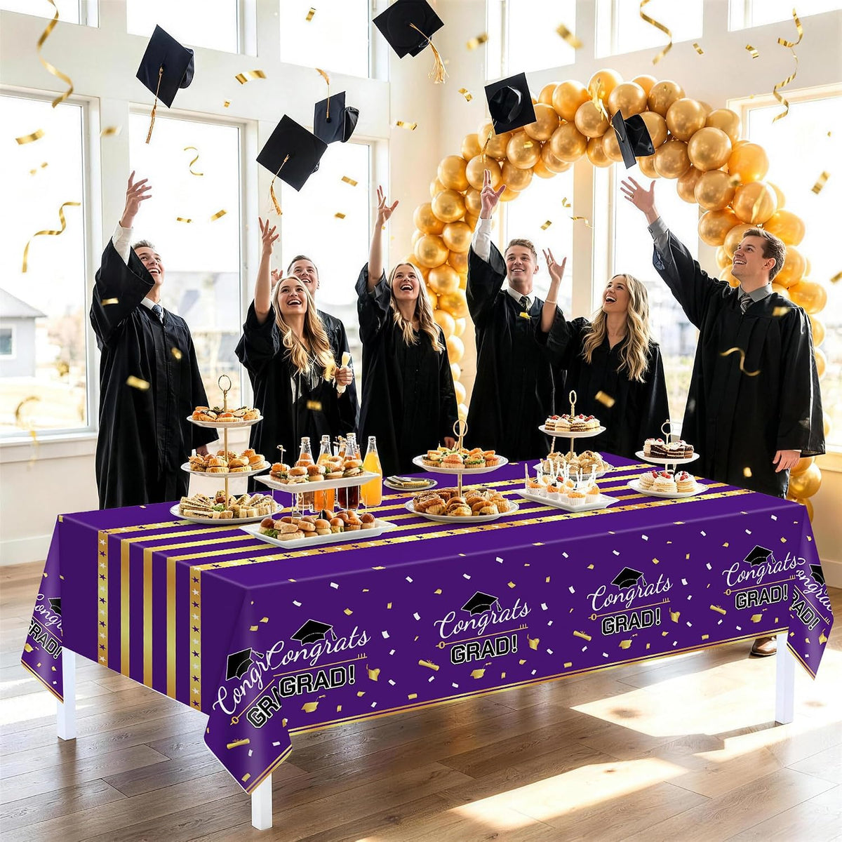 Childom 3 Pack Black and Gold Tablecloths for Events - Purple - image 2