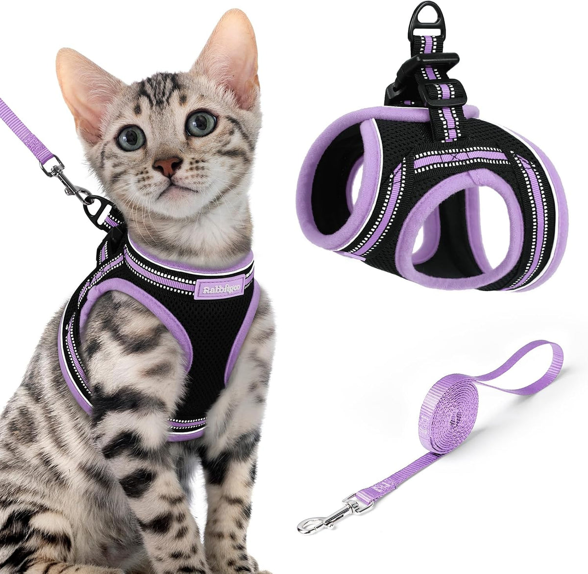 rabbitgoo Cat Harness and Leash Set, Step-in Soft Vest - XL / Black-Light Purple