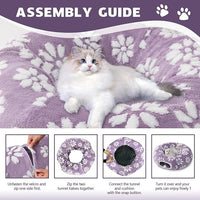 Cat Tunnel for Indoor Cats, Cute Peekaboo Cat Cave with Dangling Balls, Pet Donut Tunnel Bed with Circle Mat for Puppy Kitten Rabbit, Purple