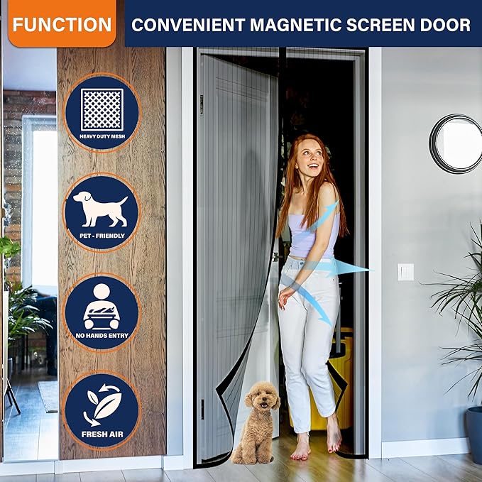 Magnetic Screen Door, Fit Door Size 32 x 96 Inches, Screen Doors with Magnets, Pet & Kid Friendly，Works with Front Doors, Sliding Doors ‎Black