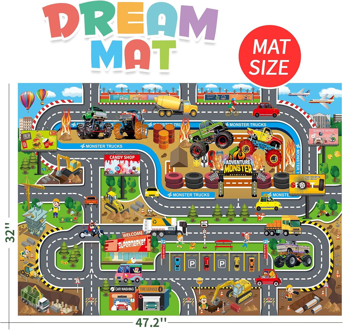 Oriate Kids Dream Mat Modern City Road Map Rug - Monster Truck Mat - image 3