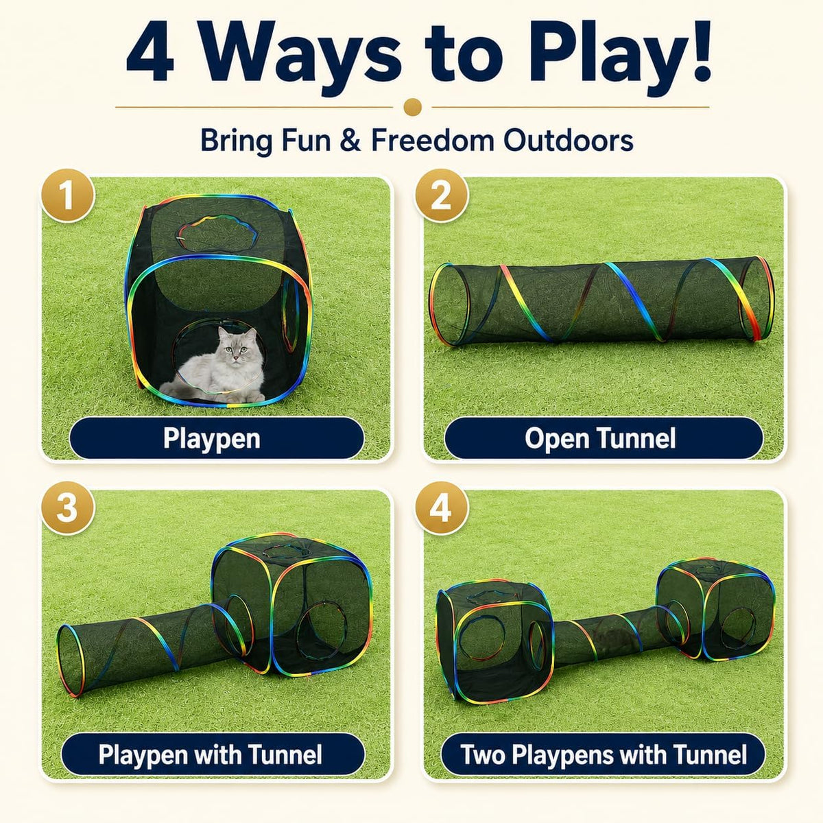 Portable Cat Enclosure, Foldable Playpen for Indoor Cats - 2 Cube + 2 Way Tunnel (no tent) - image 3
