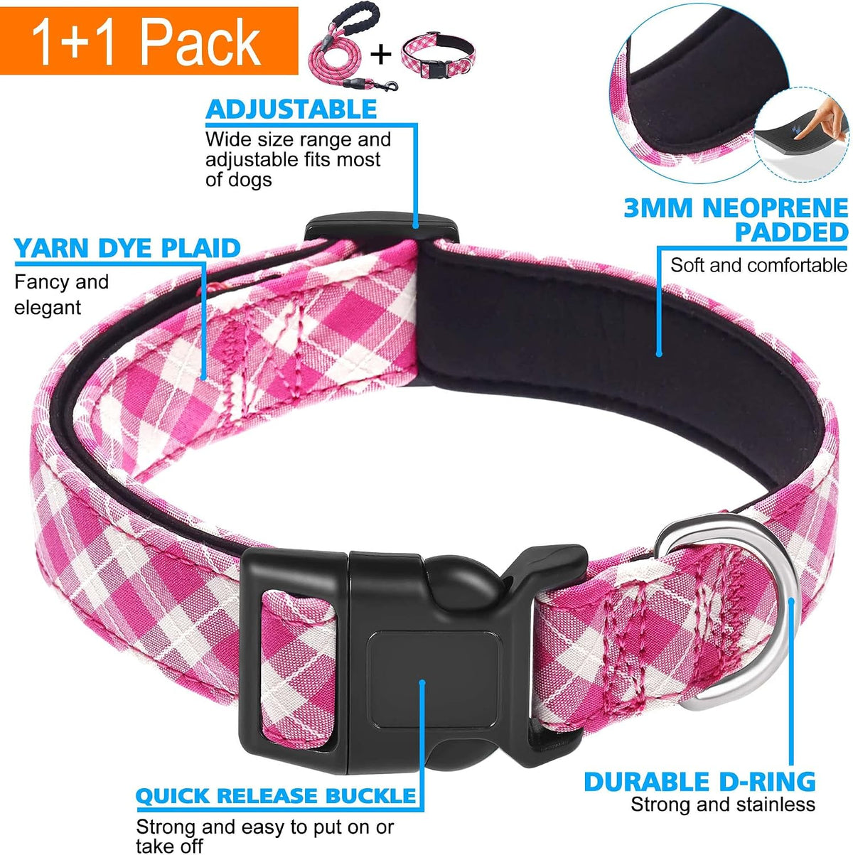 Ladoogo Reflective Dog Collar Padded with Soft Neoprene - Pink/White / Medium - image 3