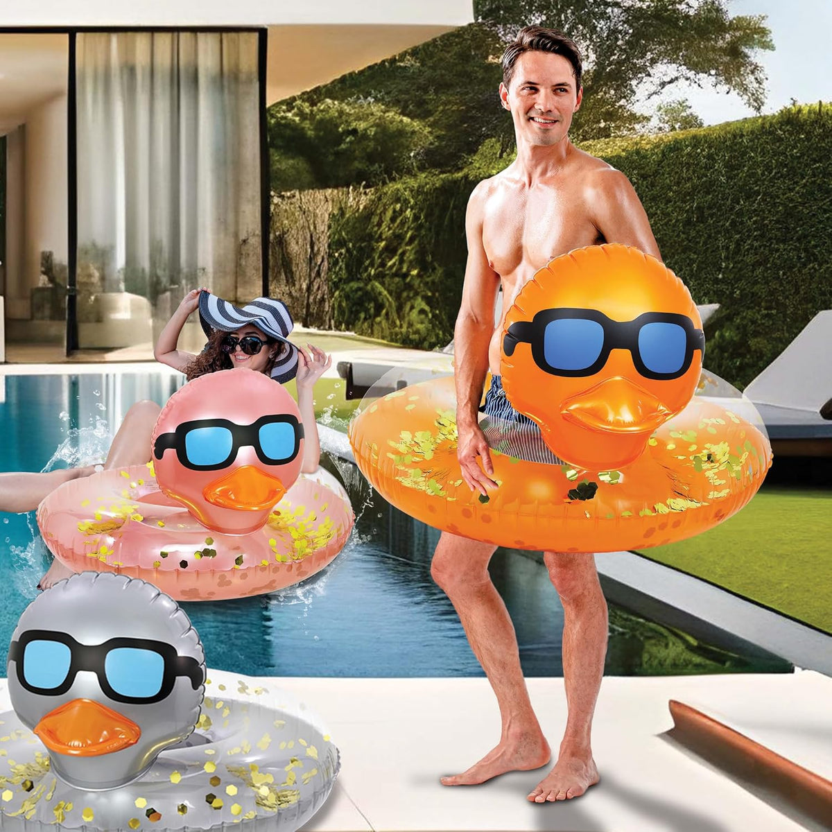 POZA inflatable duck pool float tube with gold confetti, sunglasses and orange beak - view 33