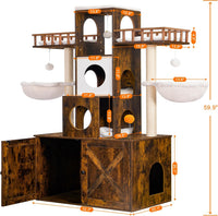 Heybly Cat Tree with Litter Box Enclosure for Indoor Big Cat HCT110SG – Essentials for Cats - Rustic Brown / 60 inch - image 3