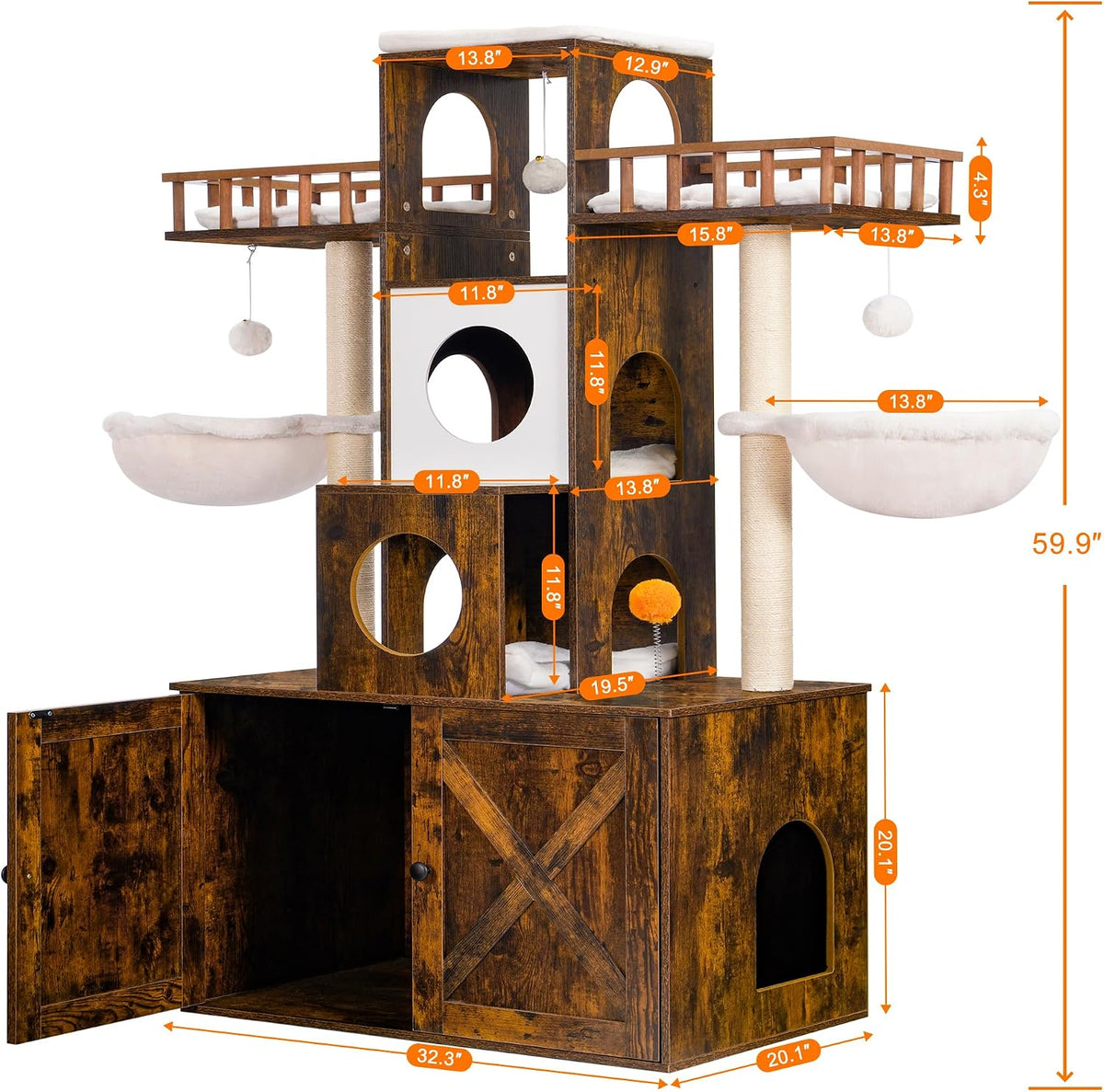 Heybly Cat Tree with Litter Box Enclosure for Indoor Big Cat HCT110SG – Essentials for Cats - Rustic Brown / 60 inch - image 3