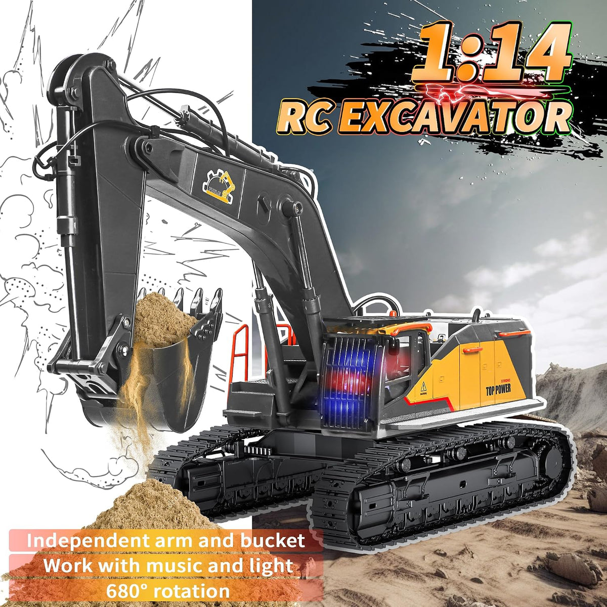 FUYLE 22 channel remote control excavator, 1/14 scale with alloy shovel and rubber tracks - view 3
