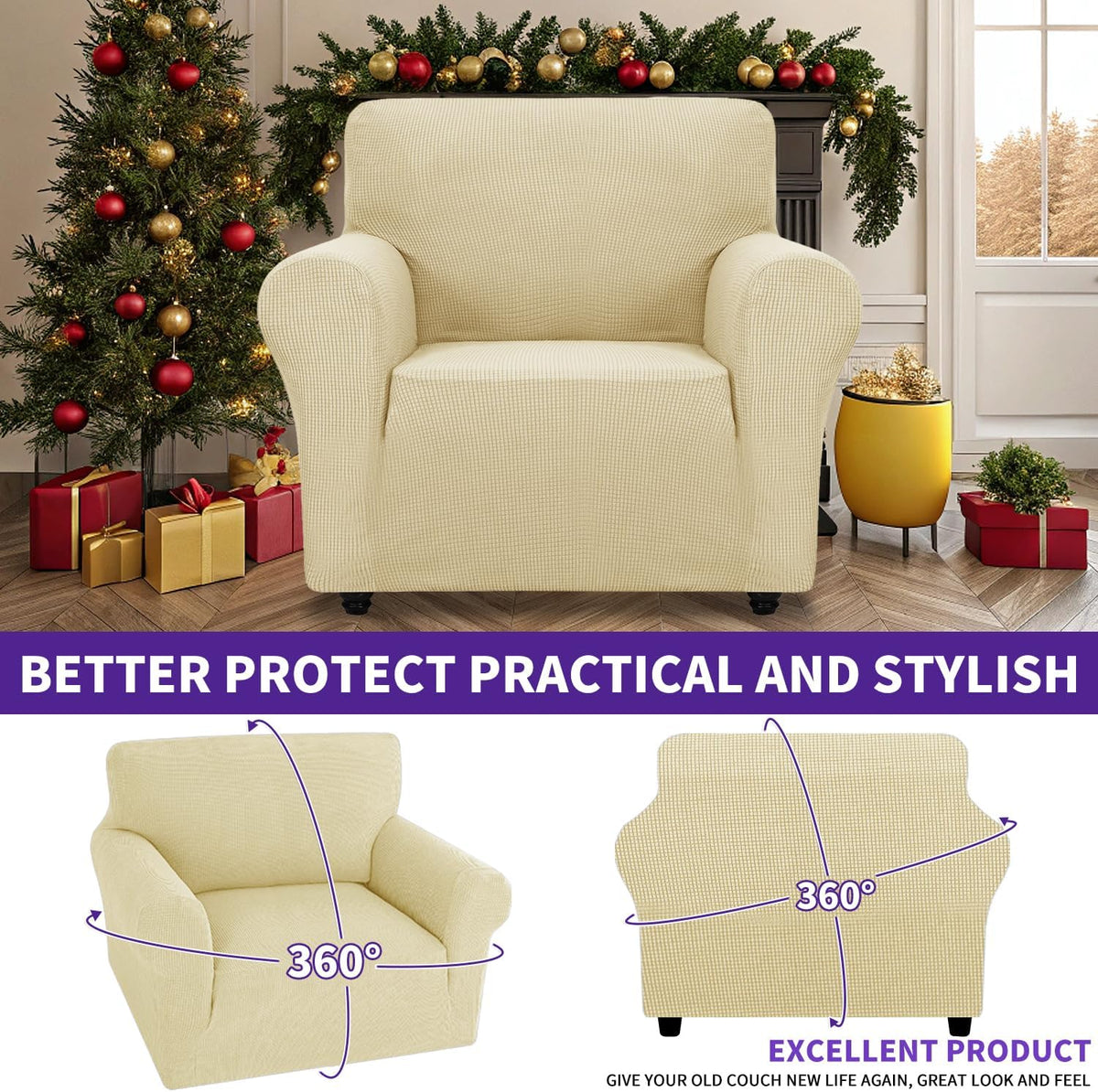 Super Stretch Couch Cover Universal Sofa Covers with Elastic Bottom - Beige / Small (30"-47") - image 3
