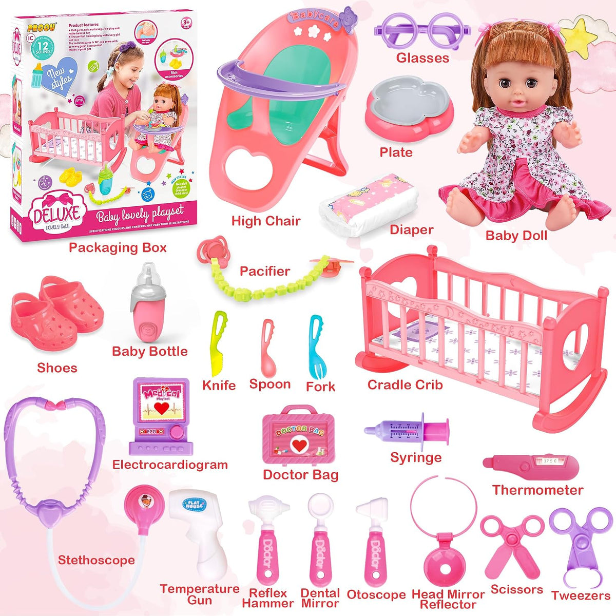 Baby Doll Toys Set, 24PCS Dolls Care Toy Playset for Girls 3-8 Pretend Play – Fun for Kids & Family - 24 Pcs - image 2