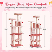 MWPO Cute Cat Tree, 70.1-Inch Tall Pink Cat Tower for Indoor Cats Large Adult, Multi-Level Cat Condo with 5 Scratching Posts, 2 Padded Perches, Hammock, Dangling Toys