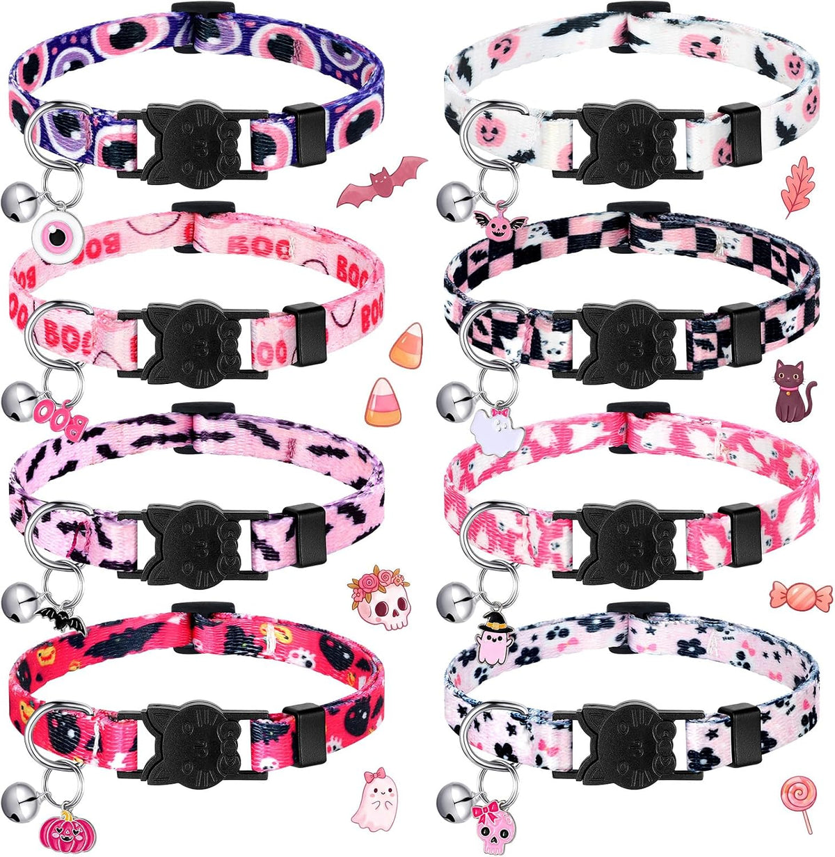 8 Pcs Halloween Cat Collars Breakaway with Bell - Pink Halloween