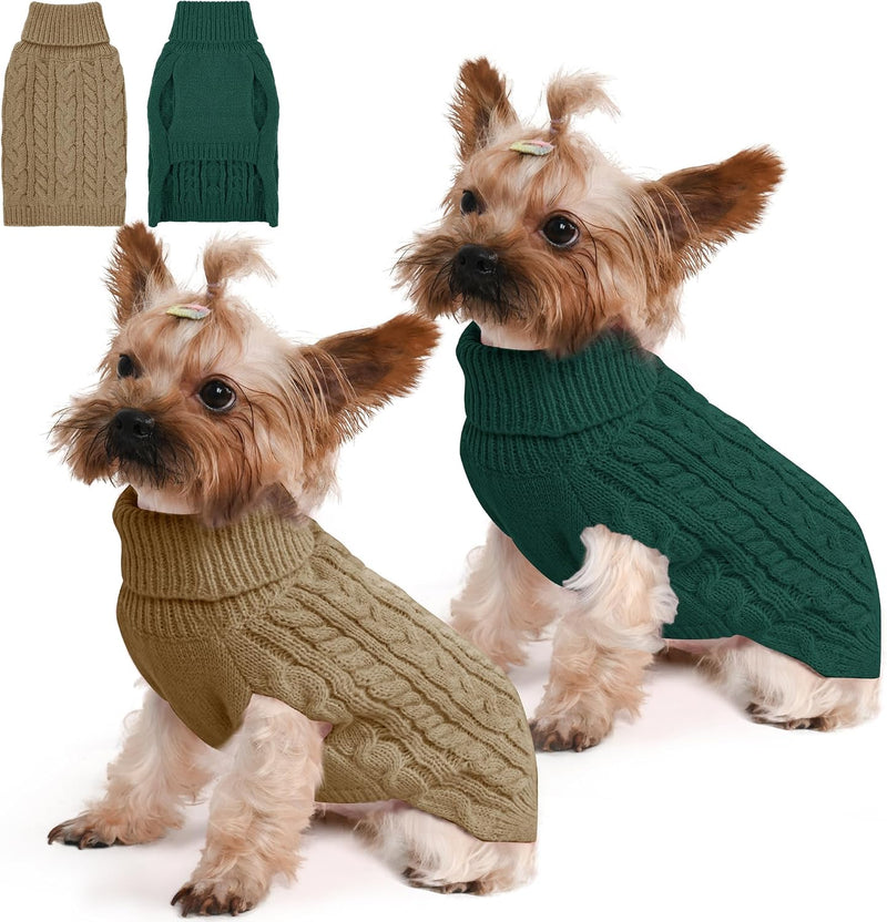 Dog Sweater 2 Pack for Small Dogs, Size S - Green & Brown / Small