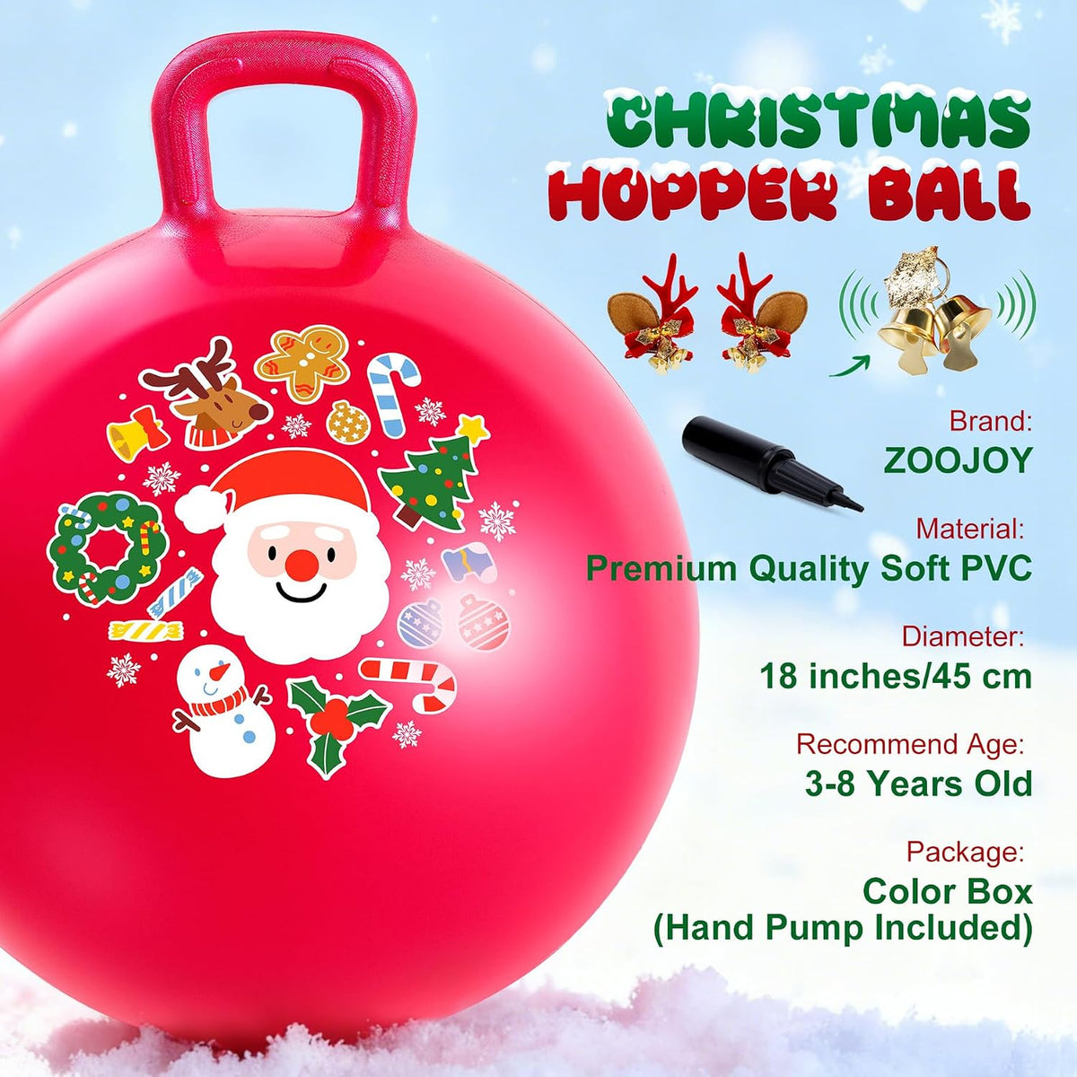 ZOOJOY Hopper Ball, Hopping Toys for Kids - Age:3-8(18''/45cm) / Red Christmas - image 2