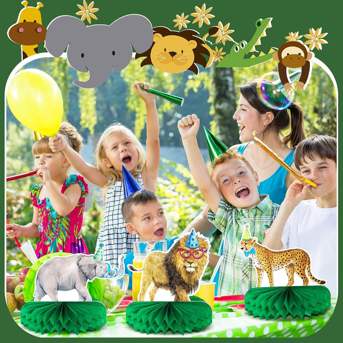 Yeaqee 12 safari animal honeycomb centerpieces with giraffe and monkey - view 3