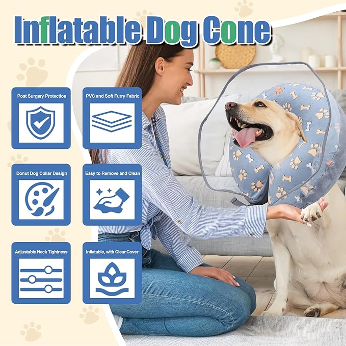 Inflatable Dog Cone Collar, Adjustable Size Soft PVC 2-in-1 Dog Donut Collar After Surgery with Detachable, Inflatable Collar for Small Medium Large Dogs and Cats (Grey, L)