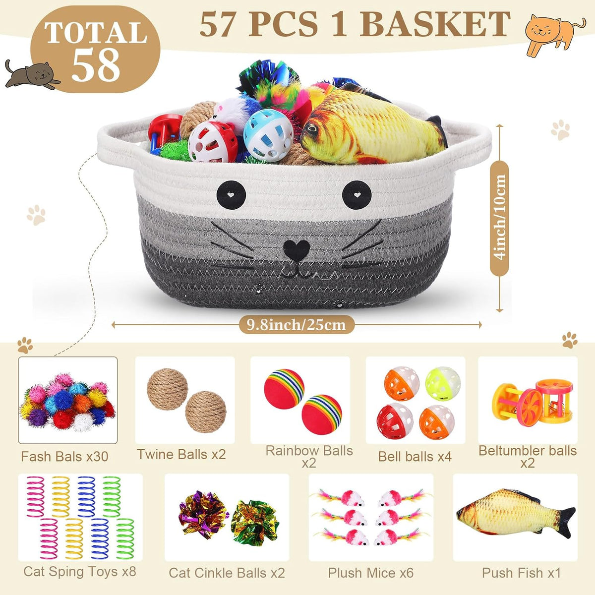 Zopeal 58 Pcs Cat Toy Set with Storage Basket Indoor, Grey - Multicolor / 9.8 Inch - image 2