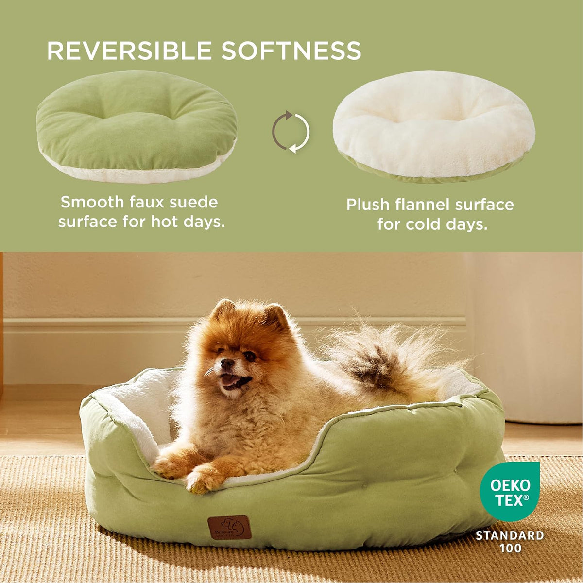 Bedsure Small Dog Bed Washable, Round Cat Beds for Indoor Cats - 25"L x 21"W x 8"Th / Pale Bean Green - image 2