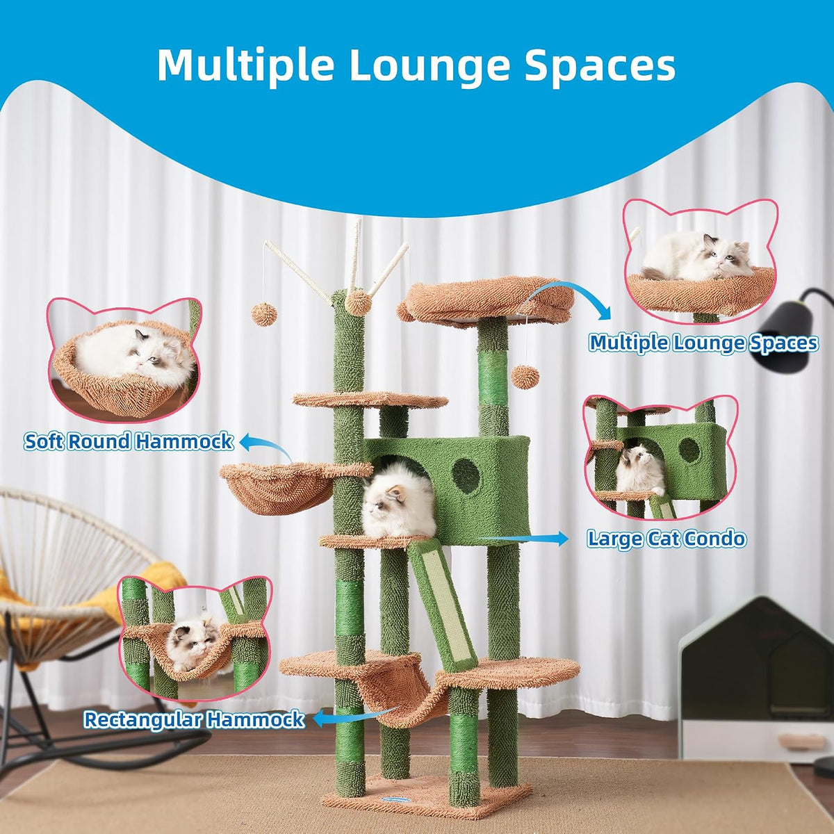 Hey-brother Cat Tree Tower with Padded Platform Bed, Hammock - 53 Inch / Cactus - image 4