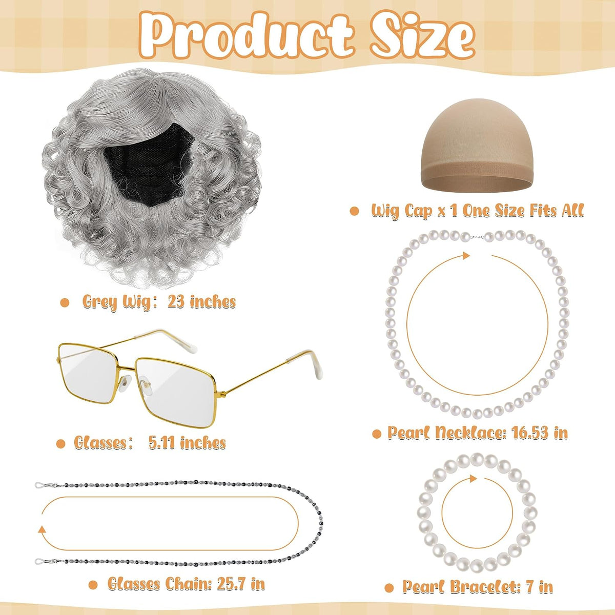 Huskein Old Lady Costume, Old Lady Cosplay Silver Bun Wig Glasses Wig Cap Pearl Necklace Bracelet - Grey-lady - image 2